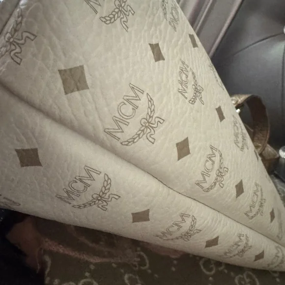 MCM White and Gold Visetos Tote with Brown Trim - Picture 3 of 10